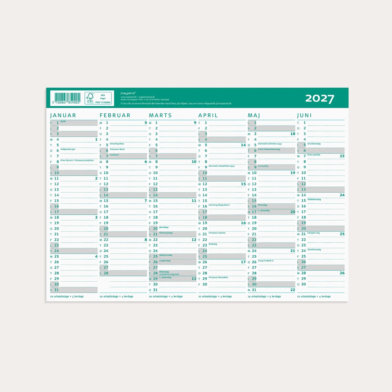 Studie Kartonkalender A4 2026/2027 - Mayland - 27859000