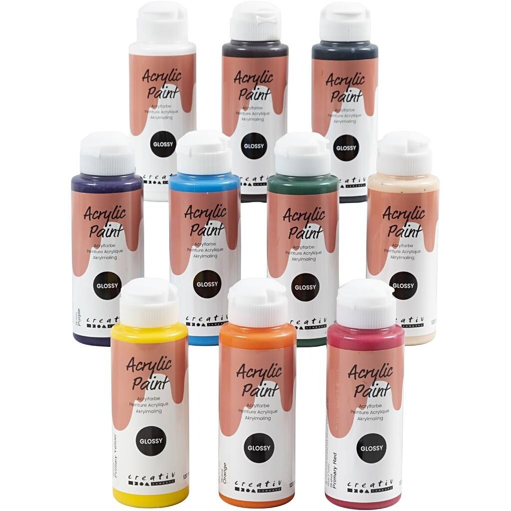 Akrylmaling - Blank - Assorterede farver - Vandbaseret - 10 x 120 ml