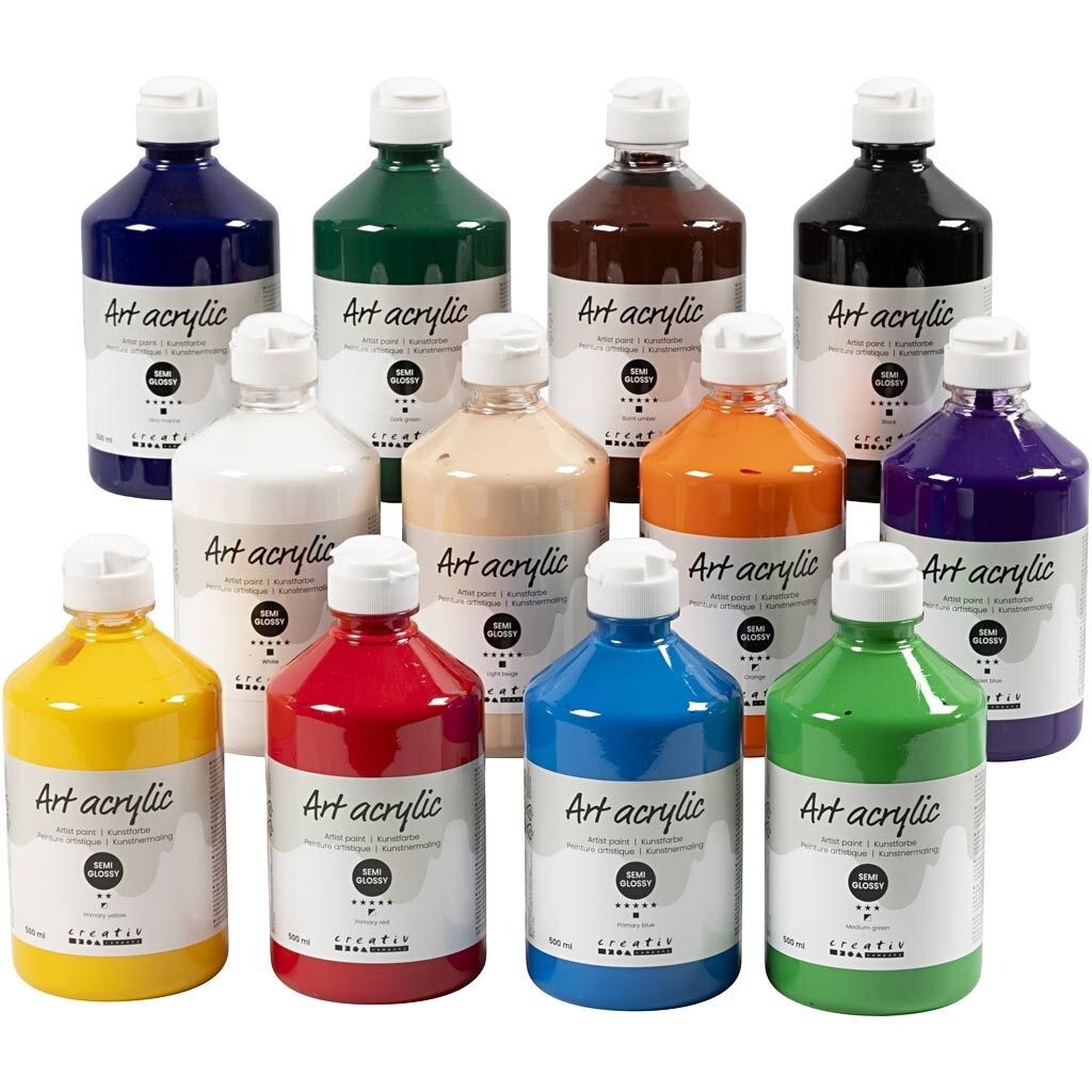 Akrylmaling Pigment Art, halvblank, standardfarver, 12x500ml