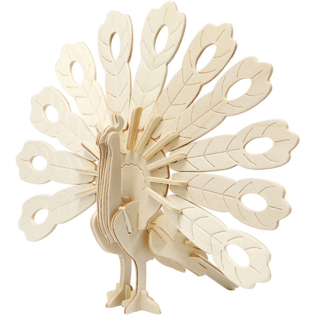 3D konstruktionsfigur, påfugl, str. 10x20,5x17,5 cm, krydsfiner, 1stk.