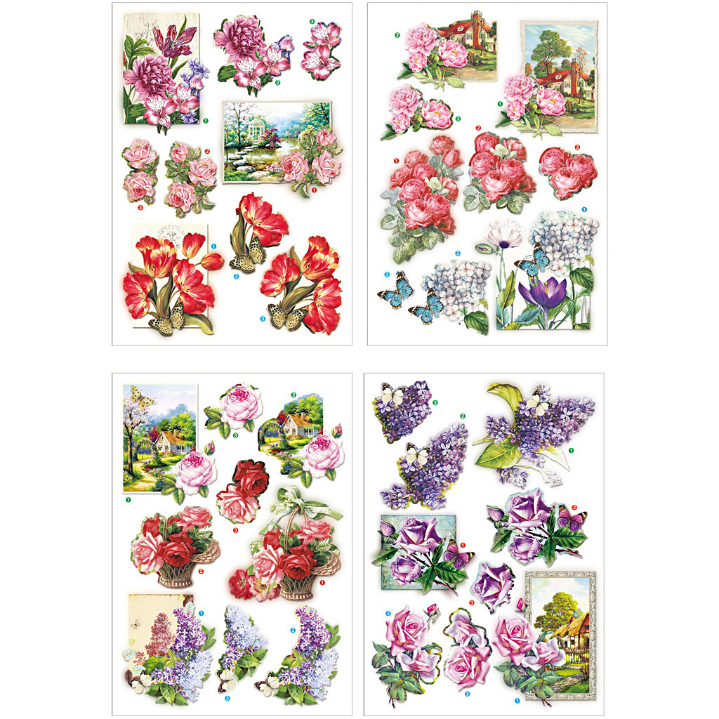 3D Motiver, ark 21x30 cm, blomster og sommerfugle, 4ark