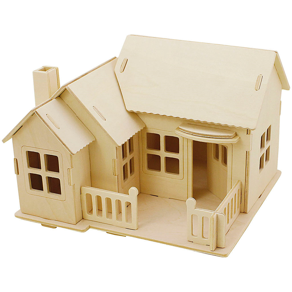 3D Puslespil - Hus med terrasse - Krydsfiner - 19 x 17,5 x 15 cm