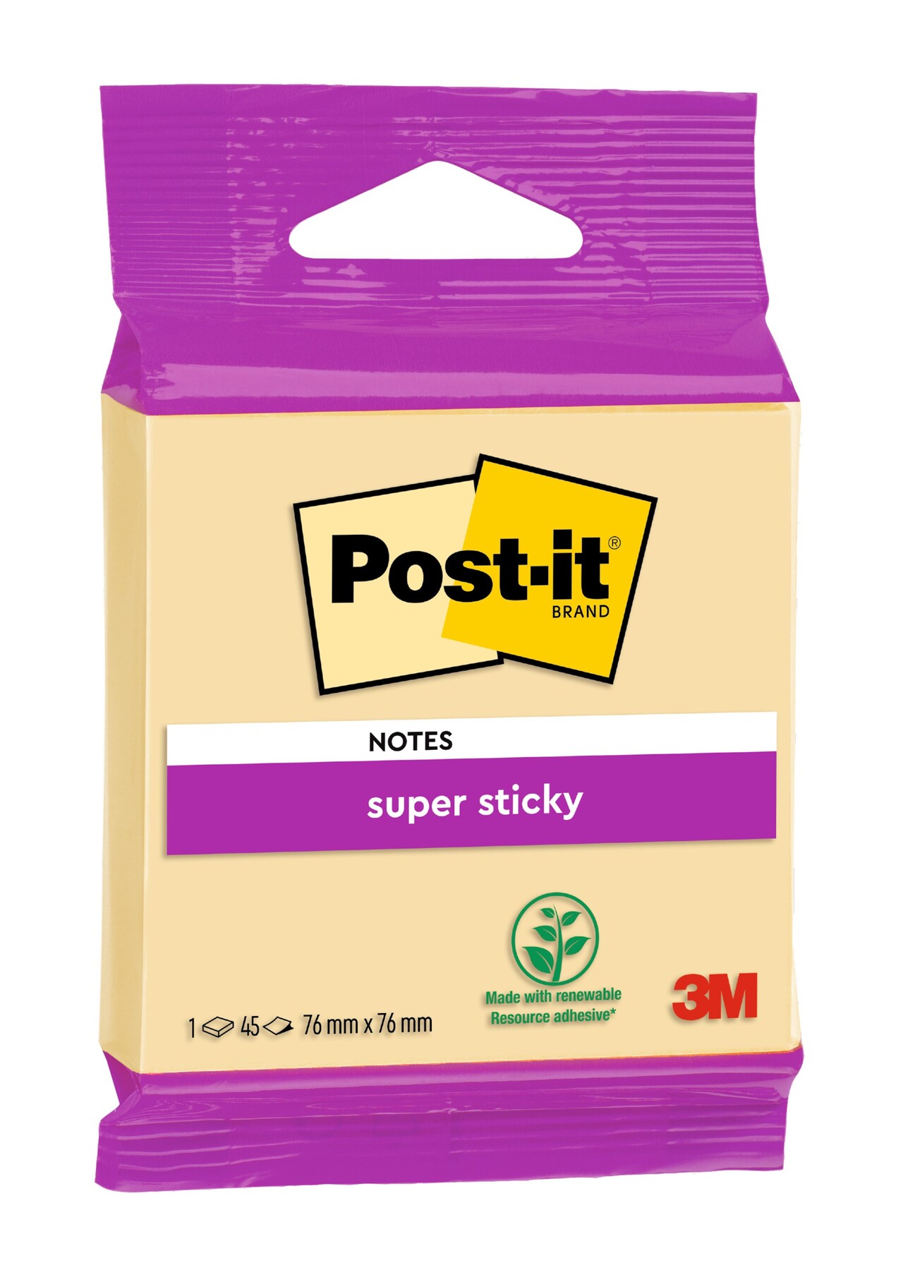 Notatblok - Post-it Super Sticky - Gul - 76 x 76 mm - 45 ark