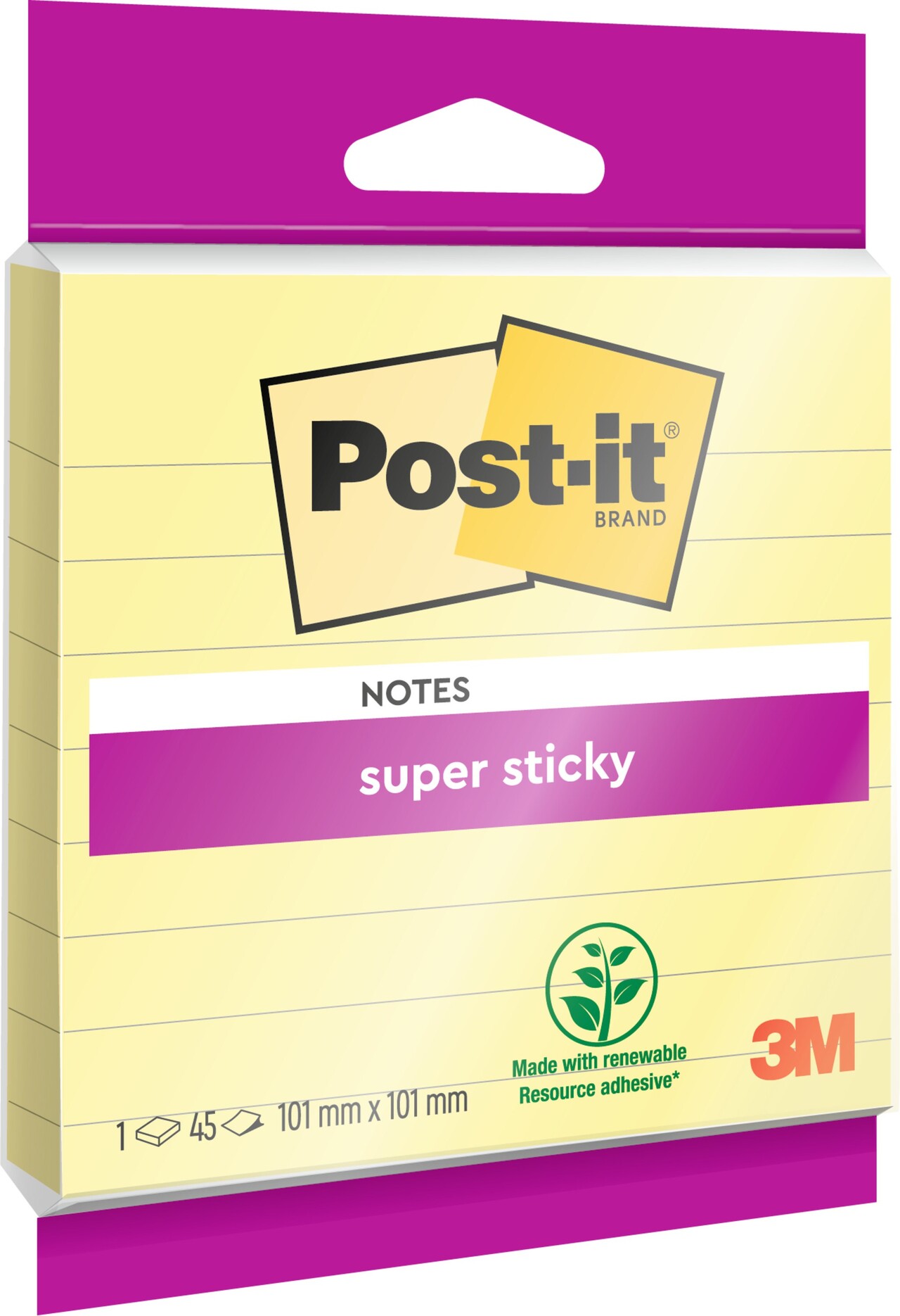 Notatblok - Post-it Super Sticky Linjeret - Gul - 101 x 101 mm - 45 ark