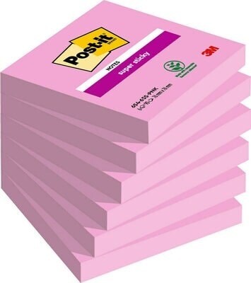 6 stk. 3M Post-it Super Sticky-Notes 76x76 lyserød - Køb minimum 6 stk.