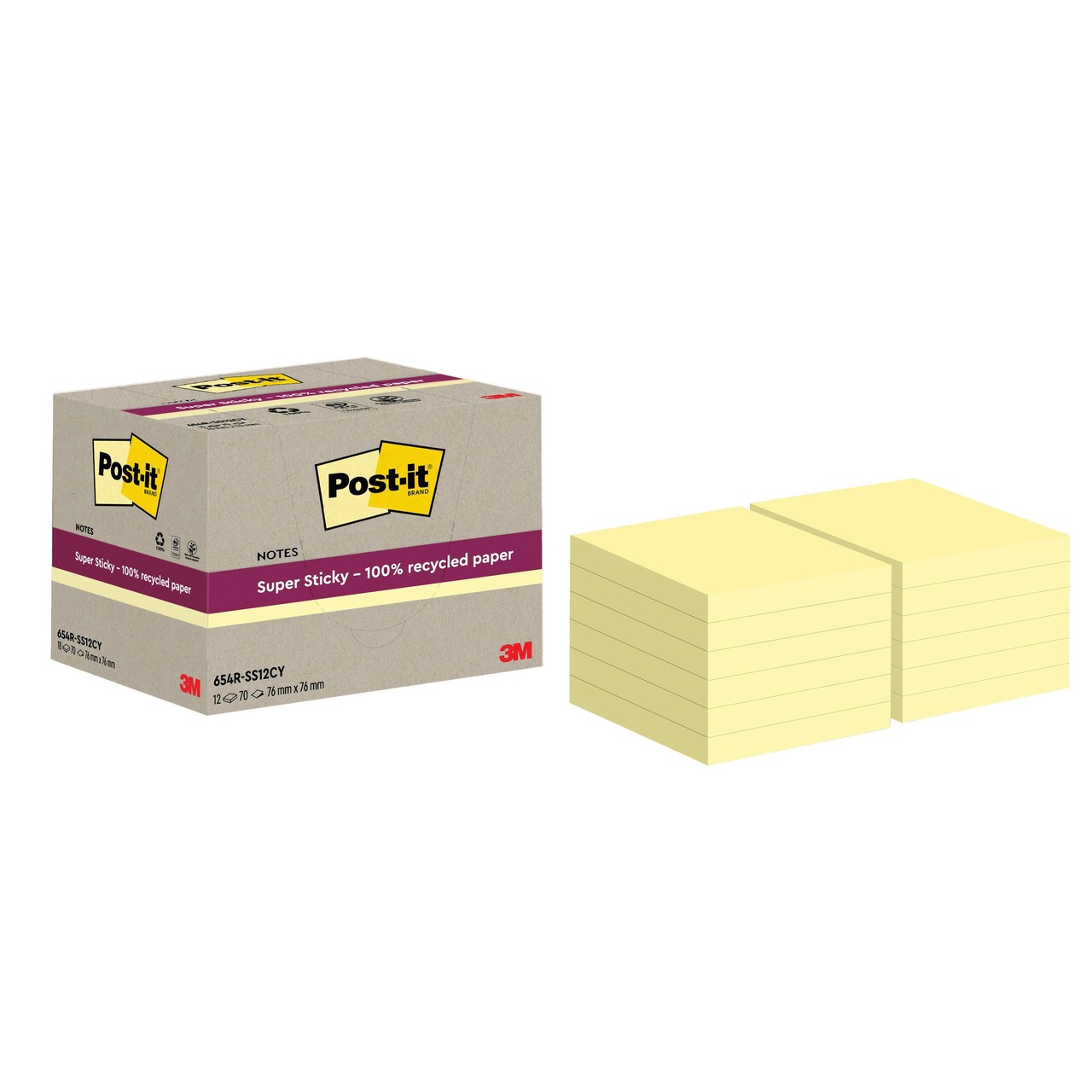 12 stk. 3M Post-it SS Recycled Canary Gul 76x76 70sh (12)