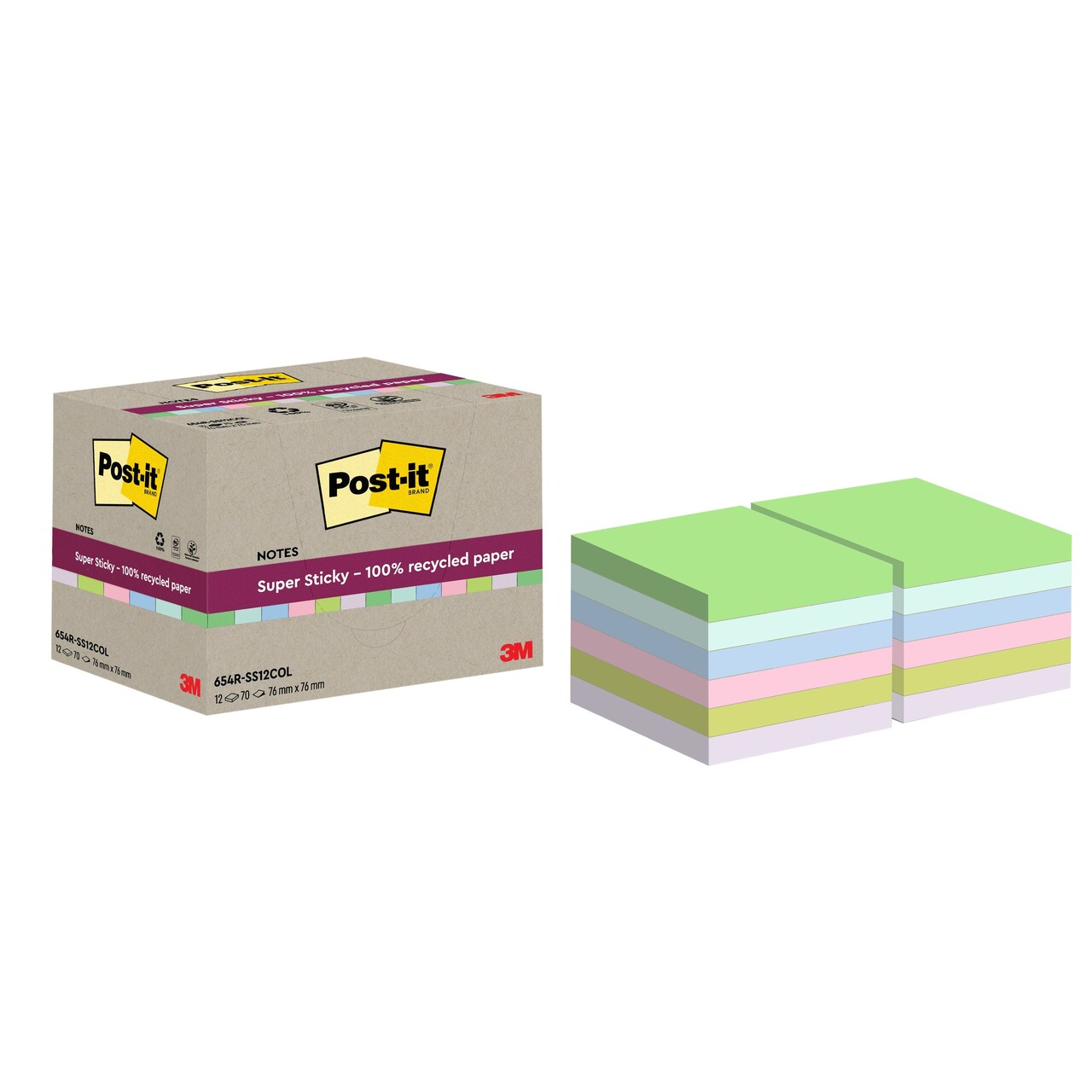 12 stk. 3M Post-it SS Recycled Mix colors 76x76 70sh (12)