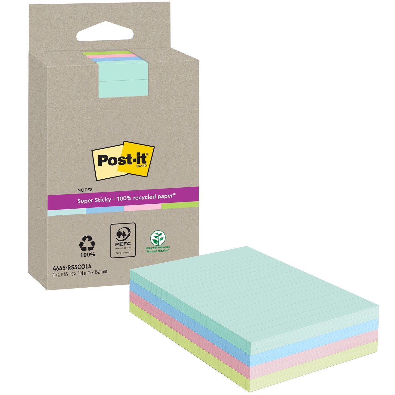 12 stk. 3M Post-it SS Recycled Mix colors ruled 102x152 45sh (4)