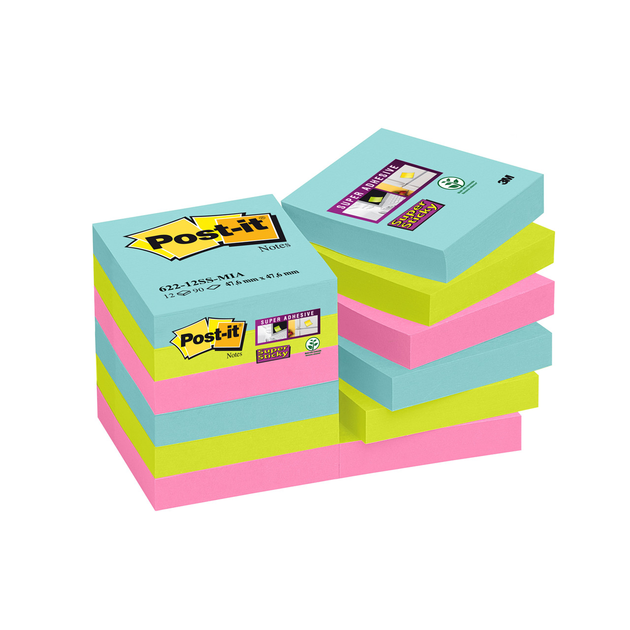 3M Super Sticky Notes Miami 47,6x47,6mm (12)