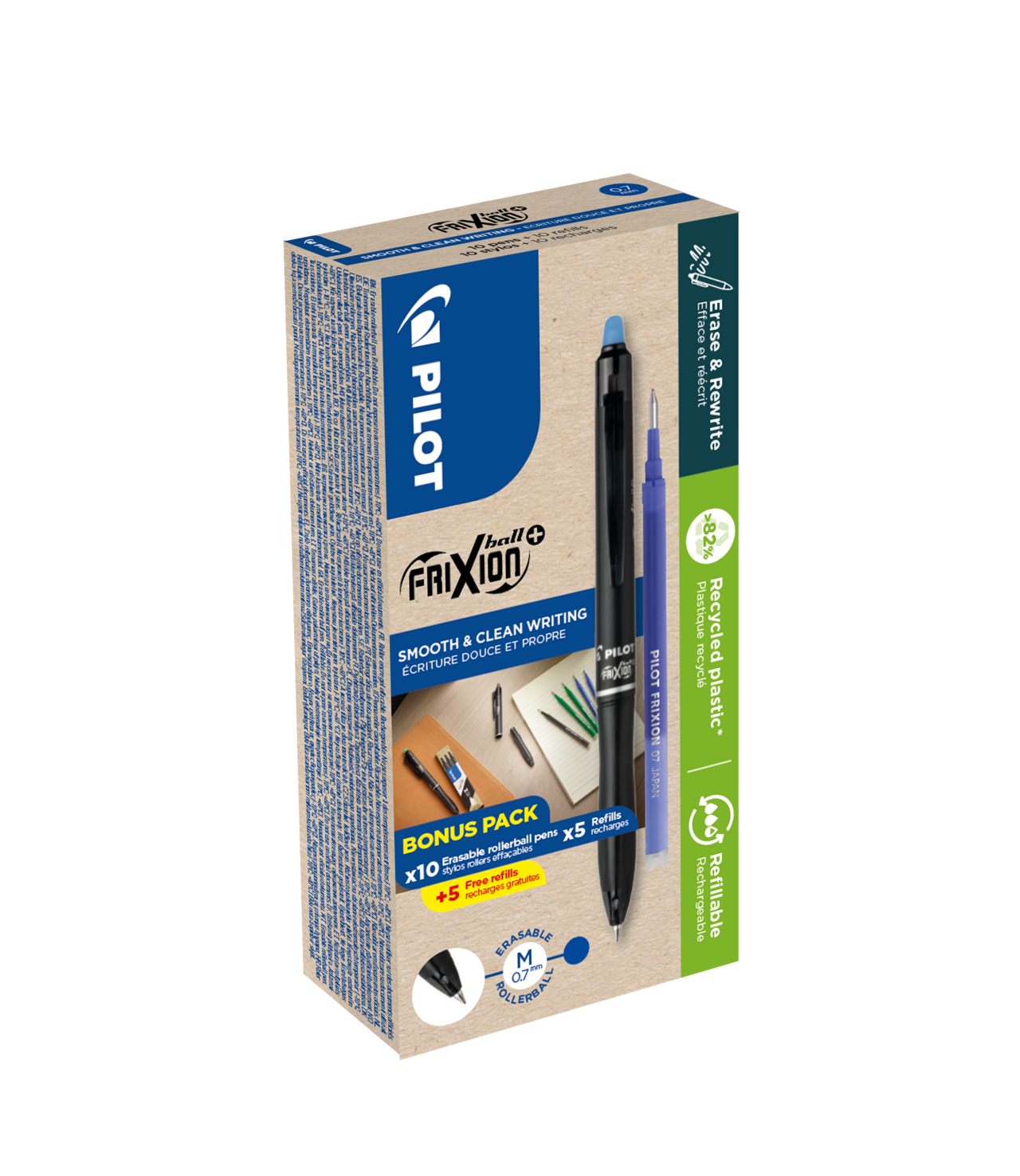 Kuglepen Pilot Frixion Plus 0,7mm blå bulk 10+10 82% genanvendt