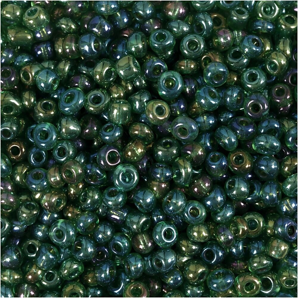 Rocailles perler, dia. 3 mm, hulstr. 0,6-1,0 mm, grøn olie, 25g, str. 8