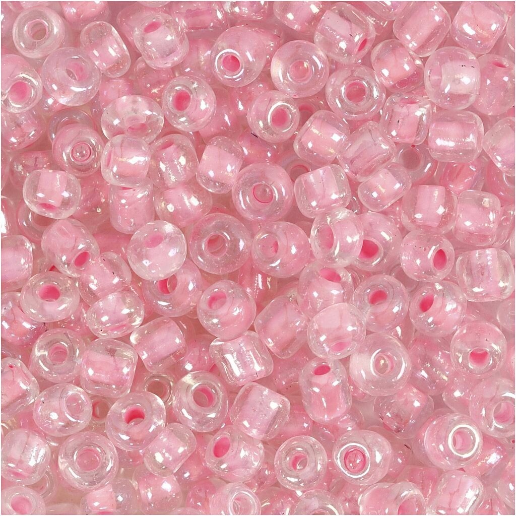 Rocaiperler, dia. 4 mm, hulstr. 0,9-1,2 mm, rosa kerne, 25g, str. 6/0