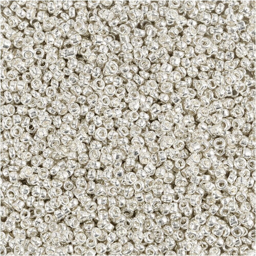 Rocaillesperler, dia. 1,7 mm, hulstr. 0,5-0,8 mm, sølv metal, 25g, str. 15/0