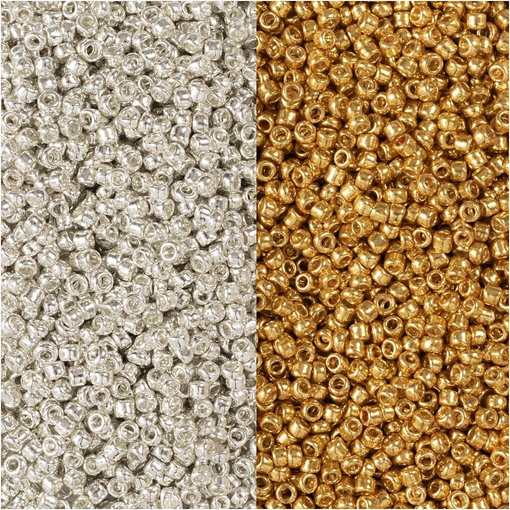 Rocaiperler, str. 15/0 , hulstr. 0,5-0,8 mm, guld, sølv, 2x7g