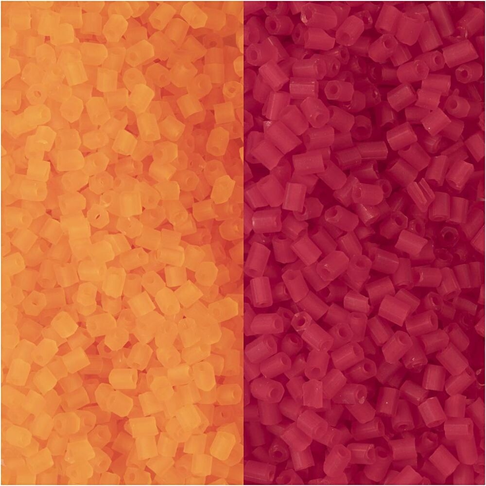 Rocaillesperler, str. 15/0 , diam. 1,7 mm, transparent orange, transparent rød, 2-cut, 2x7g, hulstr. 0,5 mm