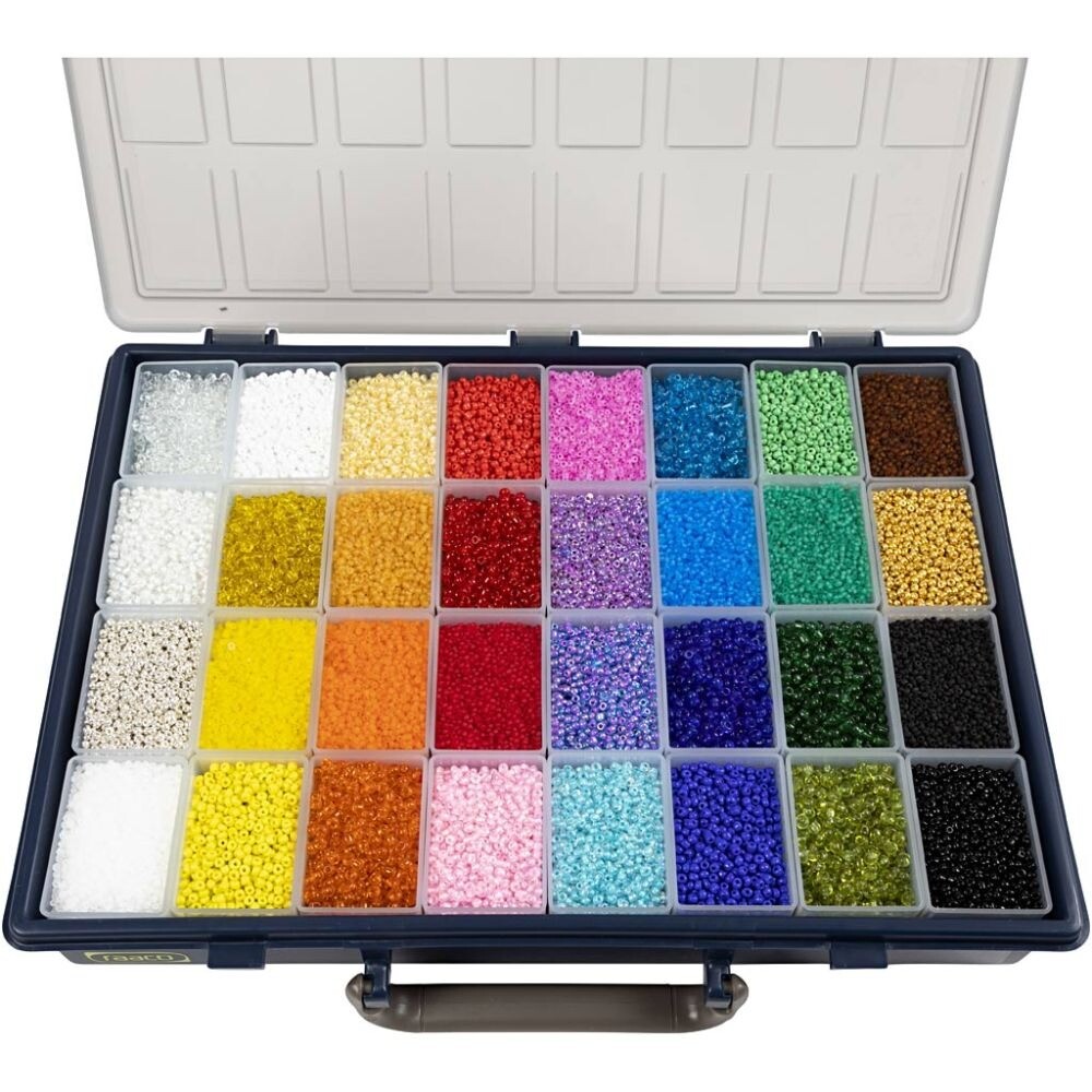 Rocailles perler hulstr. 0,5-1 mm, inkl. Raaco opbevaringsæske, 32x100g