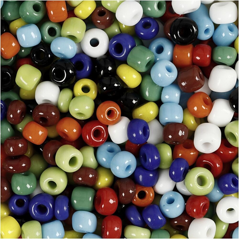 Rocailles perler mix str. 6, diam. 4 mm, ass. farver, 130g, hulstr. 0,9-1,2 mm