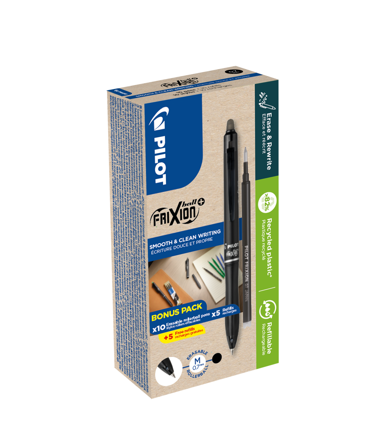 Kuglepen Pilot Frixion Plus 0,7mm sort bulk 10+10 82% genanvendt