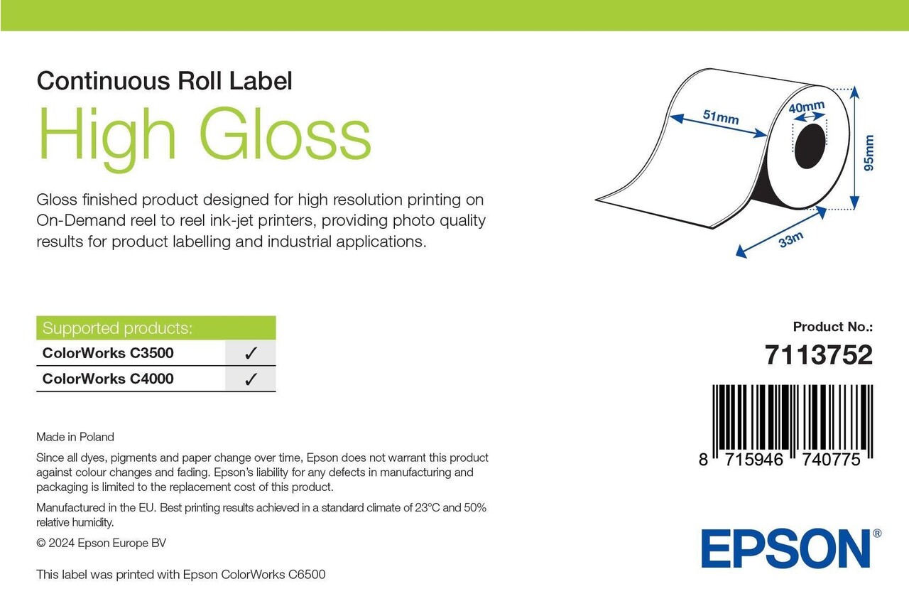 Epson High Gloss Label, Continuous Roll: 102mm x 33m