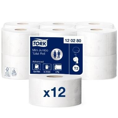 Toiletpapir Tork 120280 Advanced T2 Jumbo Mini 2-lag 170m - 12 rl/krt
