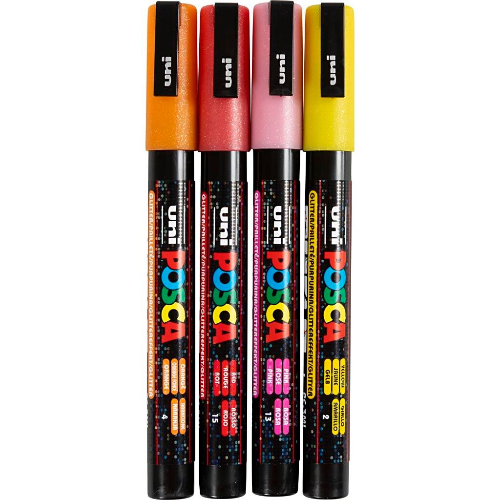 Posca Tusch, nr. PC-3M, streg 0,9-1,3 mm, fine, glitterfarver, ass, 4 stk./ 1 stk.