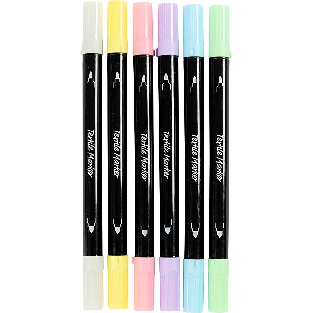 Tekstiltusch, streg 2,3+3,6 mm, pastelfarver, 6 stk./ 1 pk.