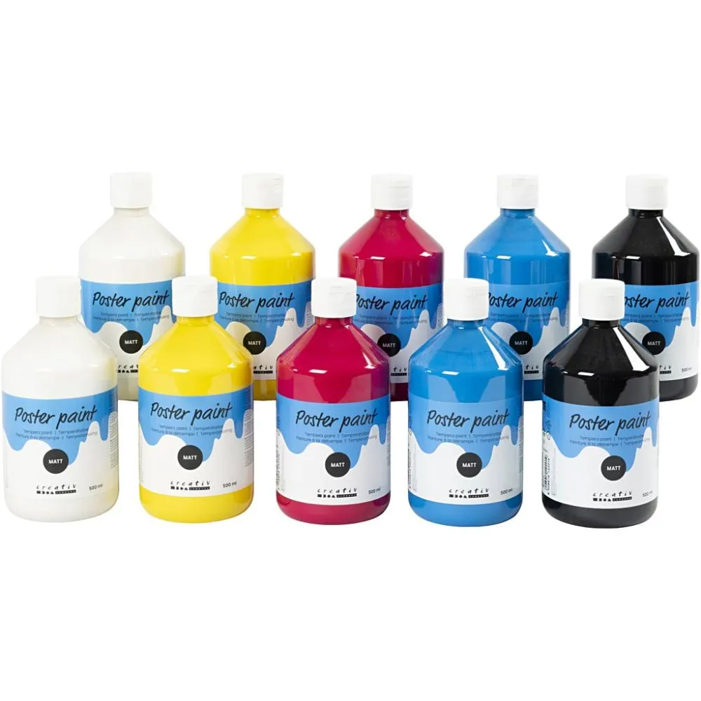 Skole temperamaling mat, primærfarver, mat, 10x500 ml