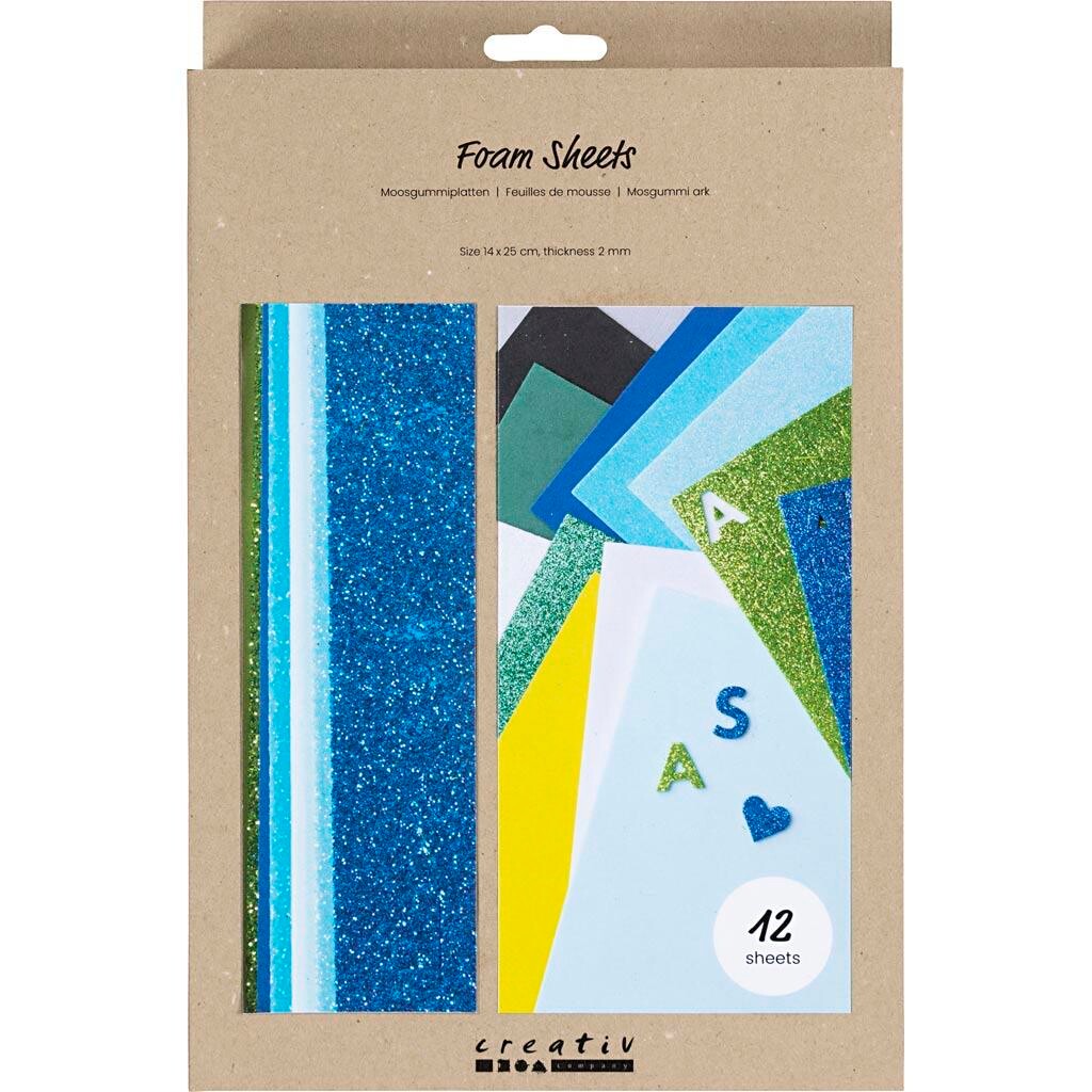 Mosgummi ark - 14x25 cm, tykkelse 2 mm, blå/grøn harmoni - 12 ark/ 1 pk.