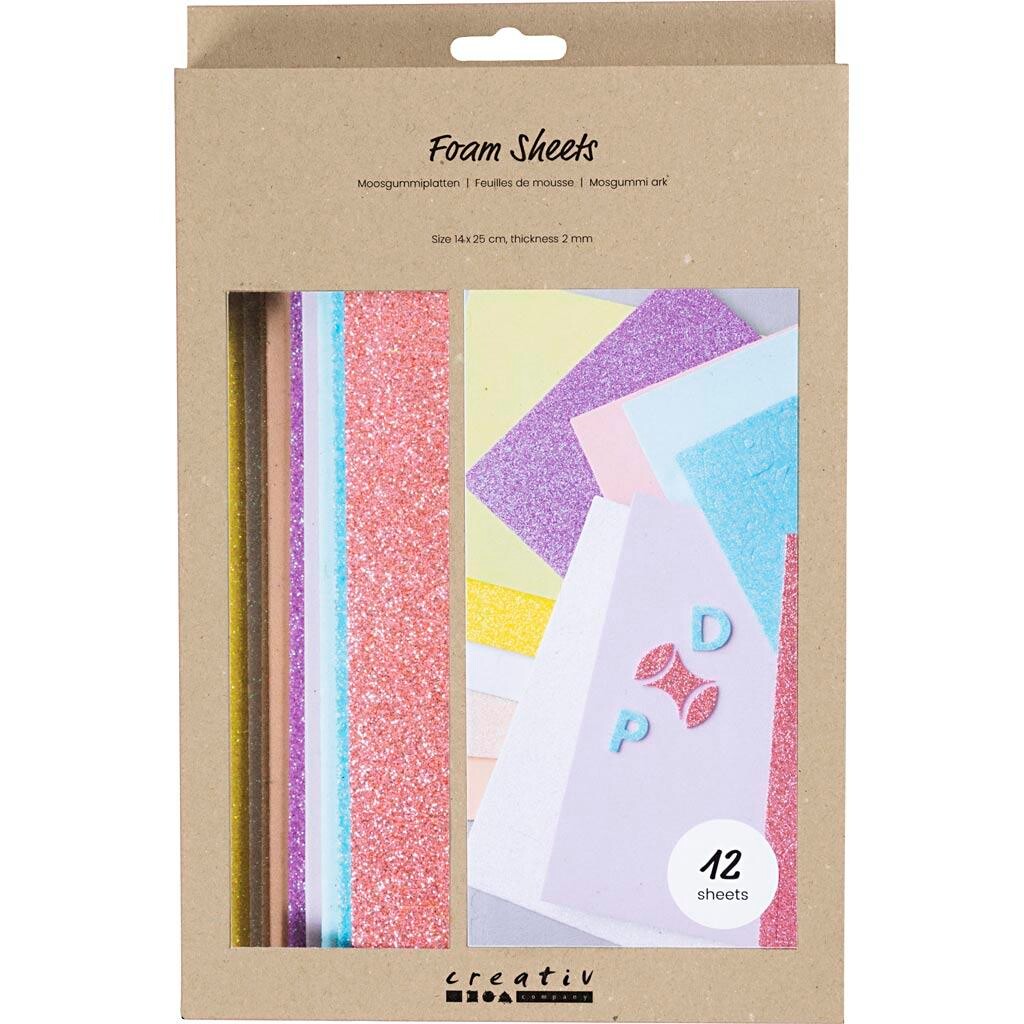 Mosgummi ark - 14x25 cm, tykkelse 2 mm, pastelfarver, - 12 ark/ 1 pk.