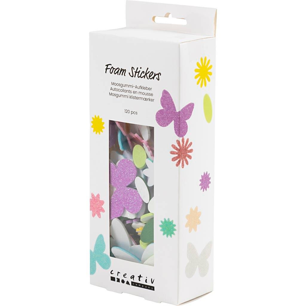 Mosgummi klistermærker | Sommerfugl, blomst, blad, selvklæbend | str. 9-43 mm, pastelfarver, 120 stk./ 1 pk.