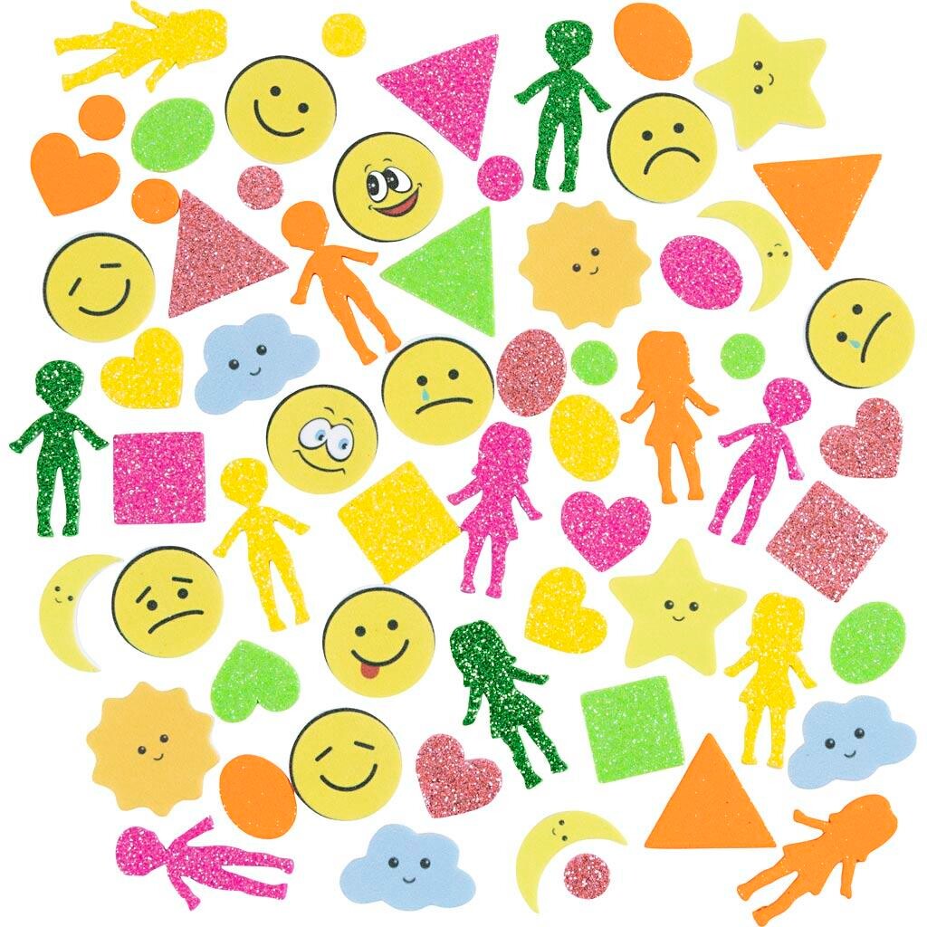 Mosgummi klistermærker | Geometri, mennesker, vejret, smileys | selvklæbende, str. 10-40 mm, colorful, 175 stk./ 1 pk.