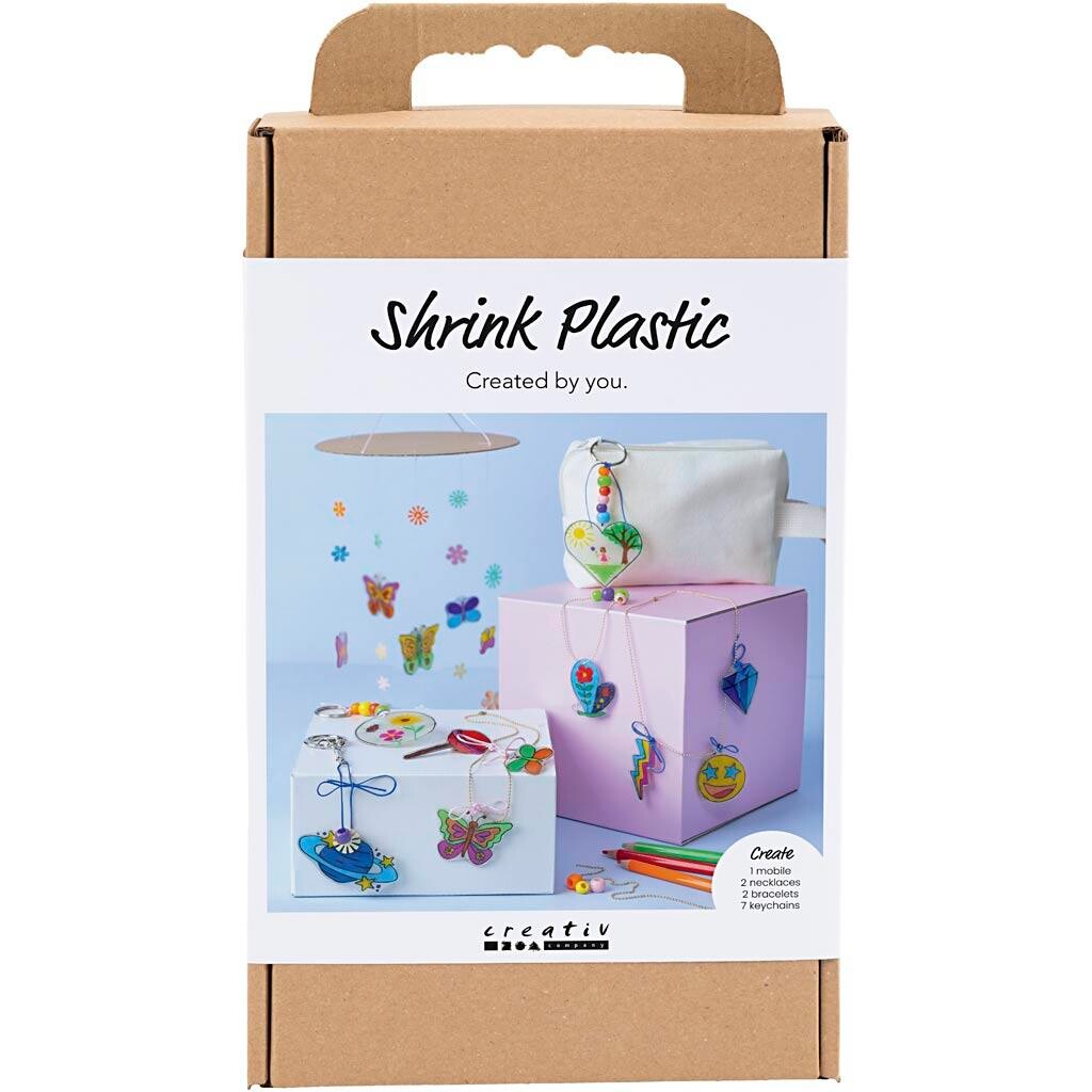 DIY Kit Krympeplast, Uro, halskæde, armbånd, nøgleringe, ass. farver, 1 pk.