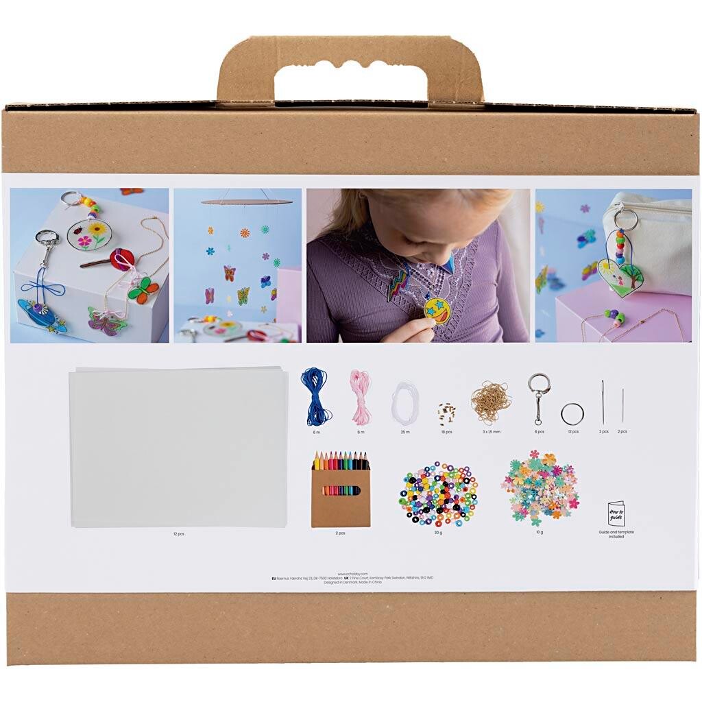 Gruppe DIY Kit Krympeplast, Uro, halskæde, armbånd, nøgleringe, ass. farver, 1 pk.