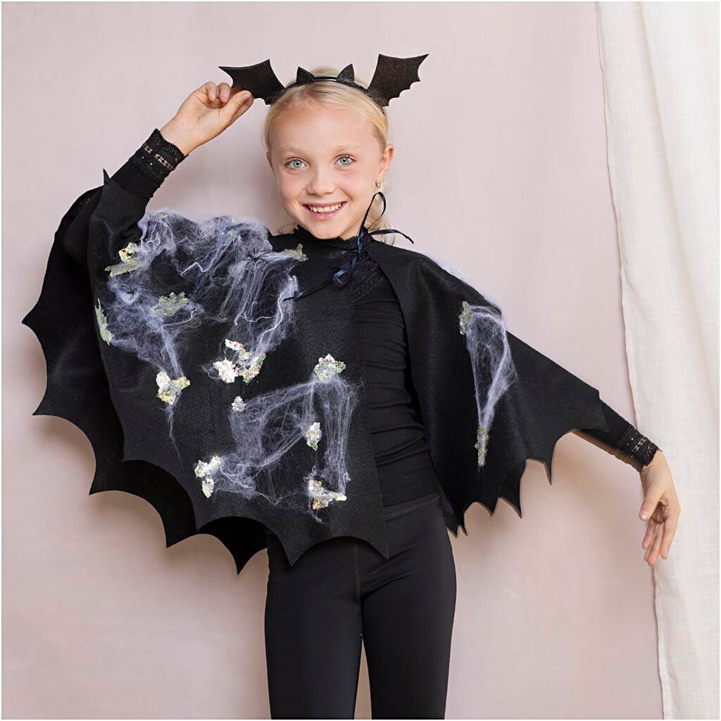 DIY Kit Spooky Udklædning, Flagermuskappe- og hårbøjle, sort, sort glitter, 1 pk.