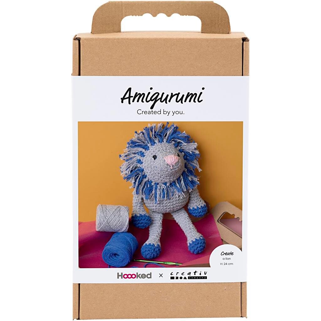 DIY Kit Amigurumi, Løve, marineblå, lys grå, 1 pk.