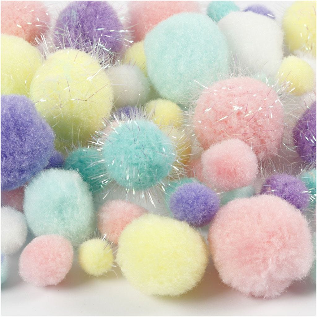 Pomponer - Pastelfarver Ø15-40mm - Glitter - 62 g