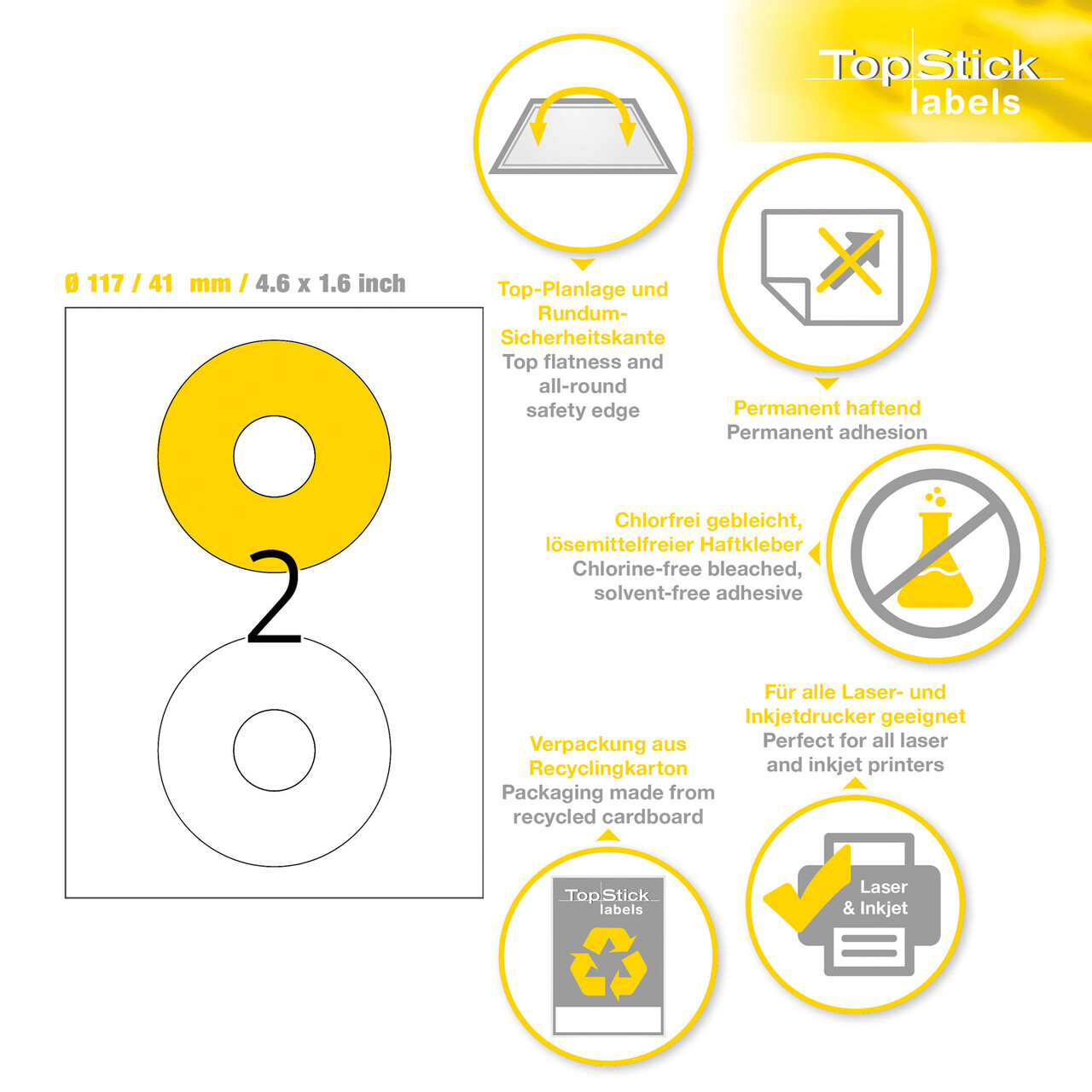 Etiketter print selv TopStick CD - DVD Ø117mm (100)
