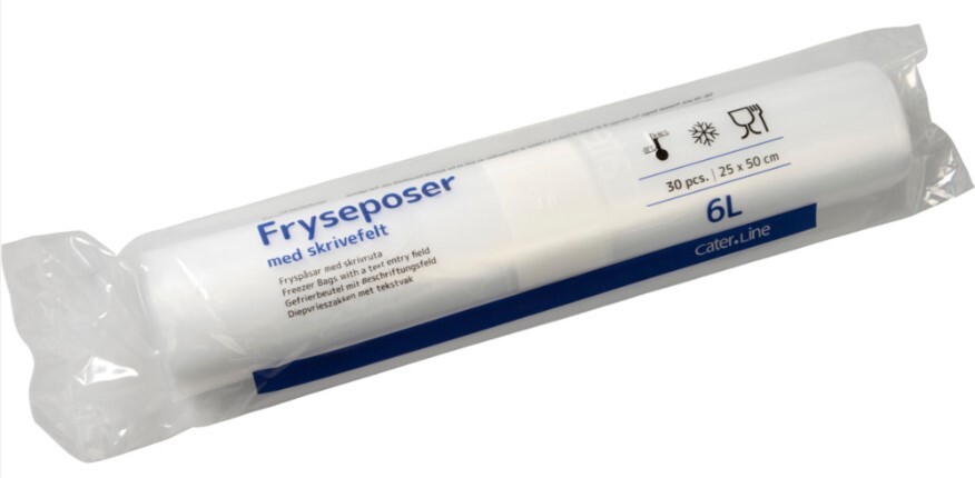 Frysepose LDPE 6 liter 25 x 50 cm med skrivefelt - 30 poser pr. rulle