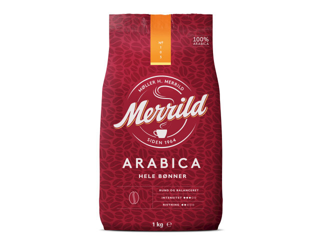Merrild Arabica kaffebønner, hele bønner, - 1 kg pr. pose - 6 poser