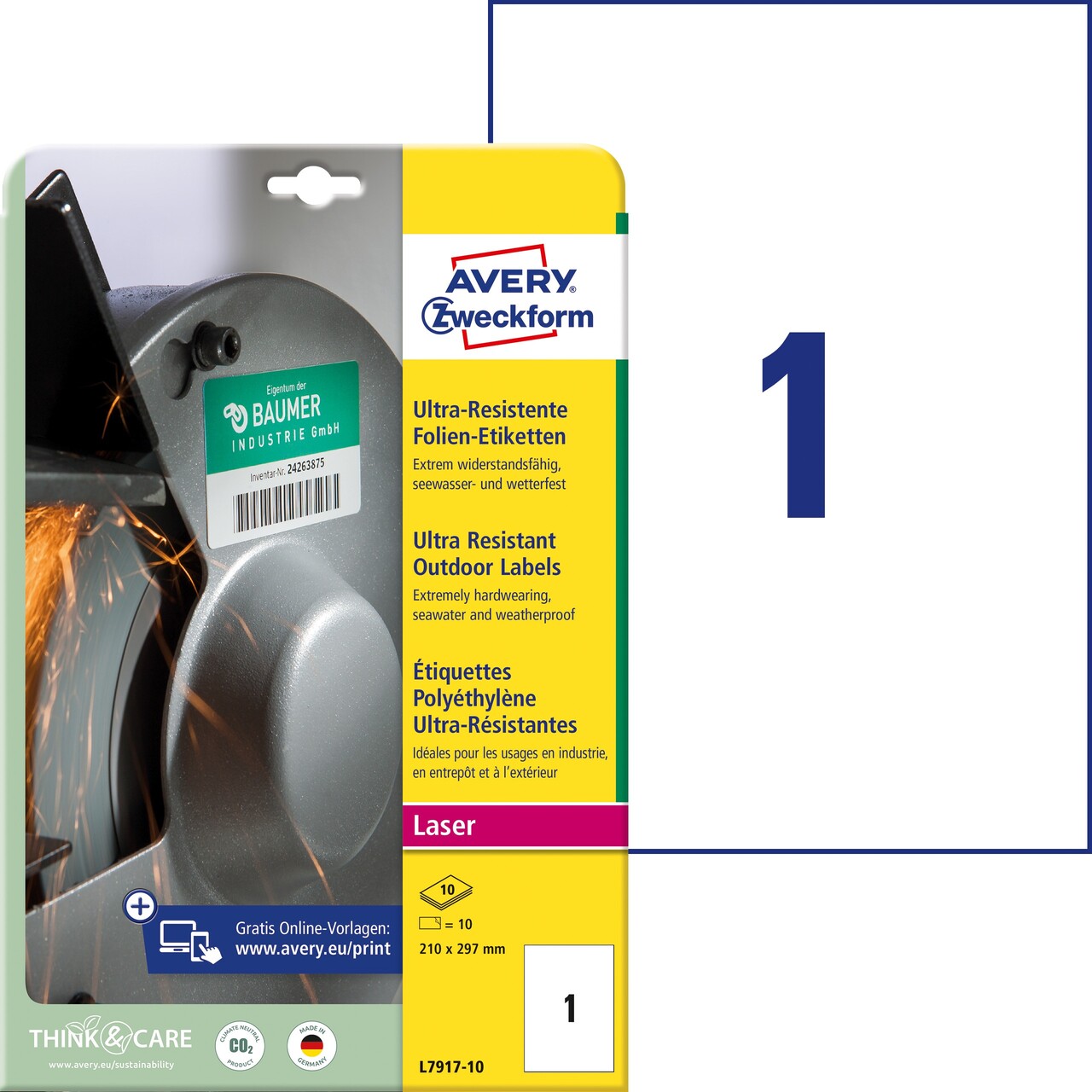Avery etiketter L7917-10 - Laseretiket slidstærke 1 pr. ark 210 x 297 mm - 10 ark