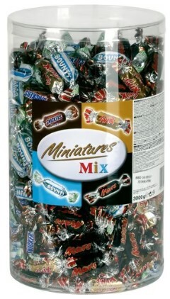 Chokolade - Mars Miniatures 3kg - 296 stk - Twix/Snickers/Mars/Bounty - Plastbøtte
