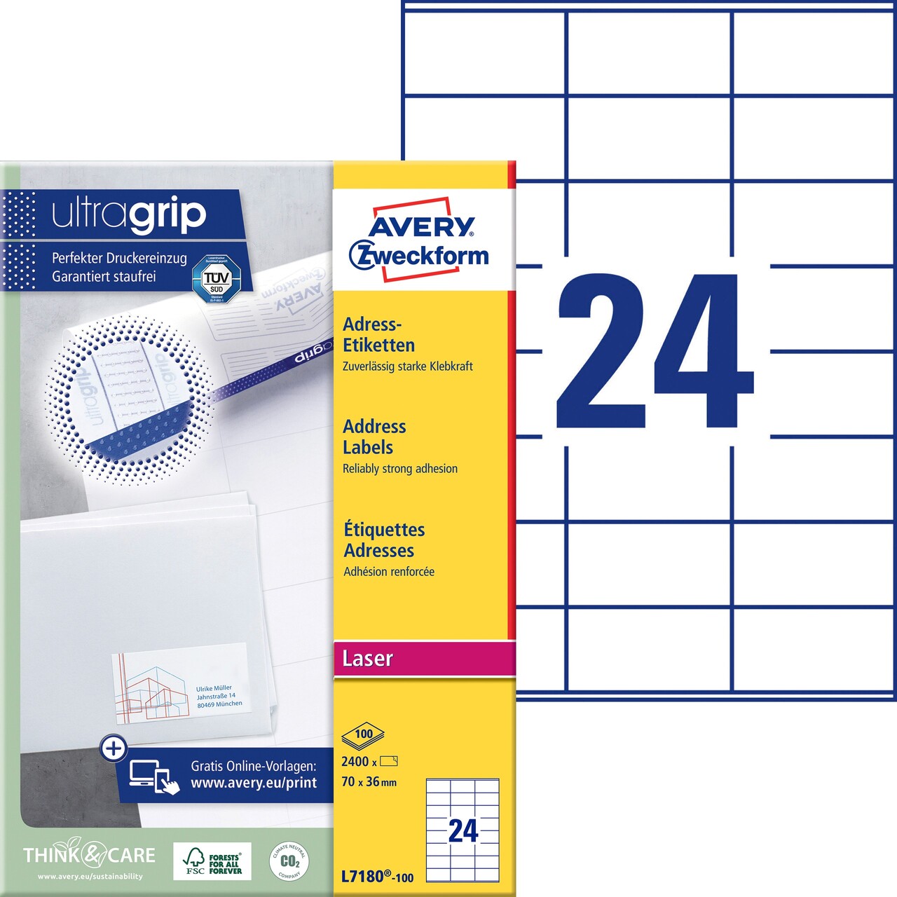 Laseretiketter - Avery L7180 - 24 pr. ark - 70 x 36 mm - 100 ark