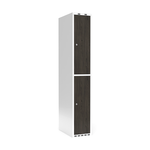 Personaleskab 1x300 mm Lige tag 2-delt søjle Laminat dør Nocturne wood Cylinderlås