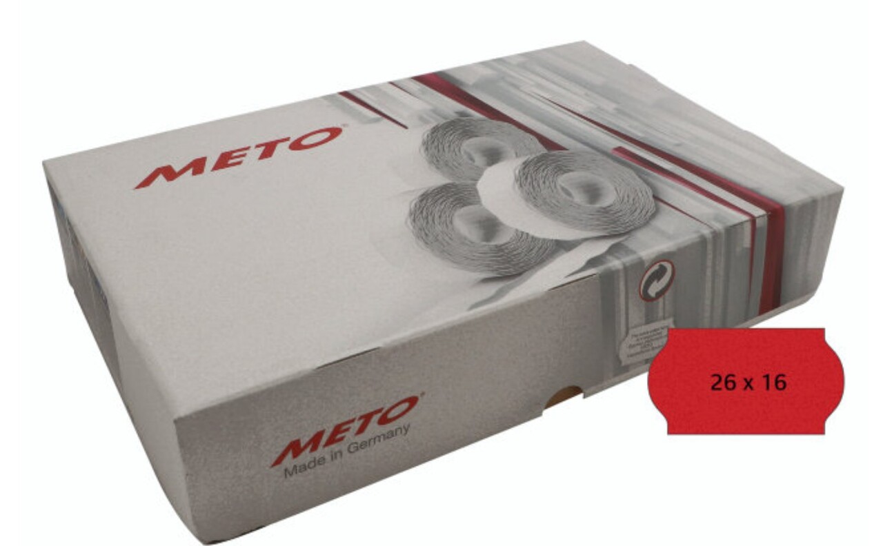 Prisetiket Meto UTC 26x16mm neon rød lim 2 1200stk - 18 stk * RESTSALG *