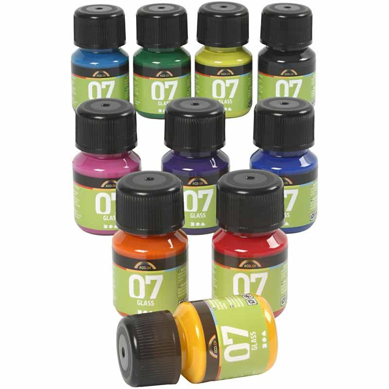 Porcelænsmaling og glasmaling sæt med 10 farver A-Color Glass - 10 x 30 ml