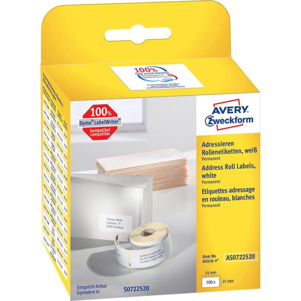 Avery Labels AS0722520 - Adresseetiketter 54 x 25 mm til Dymo Labelwriter - 500 etiketter