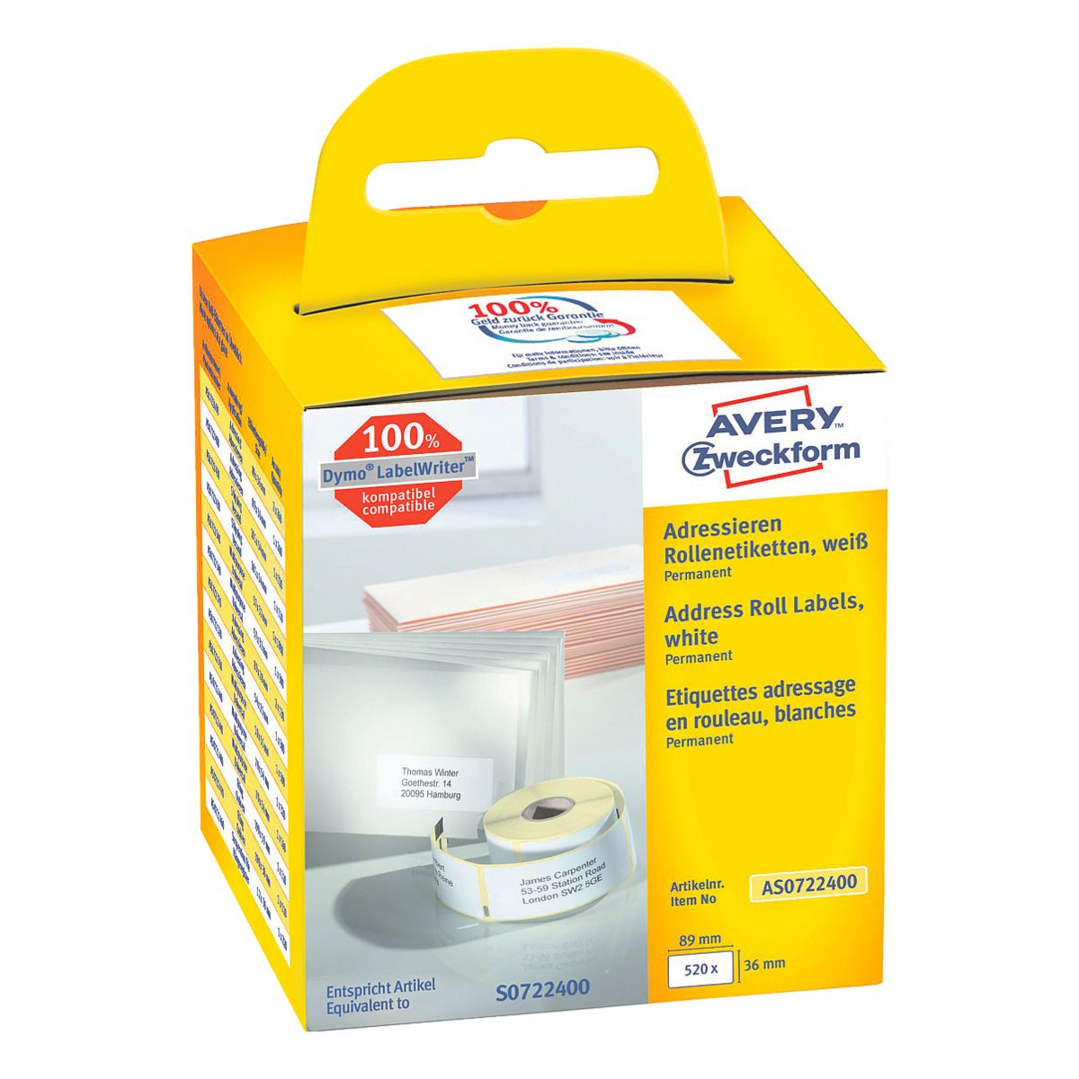 Avery AS0722400 - Adresseetiketter til Dymo Labelwriter 89 x 36 mm - 520 etiketter