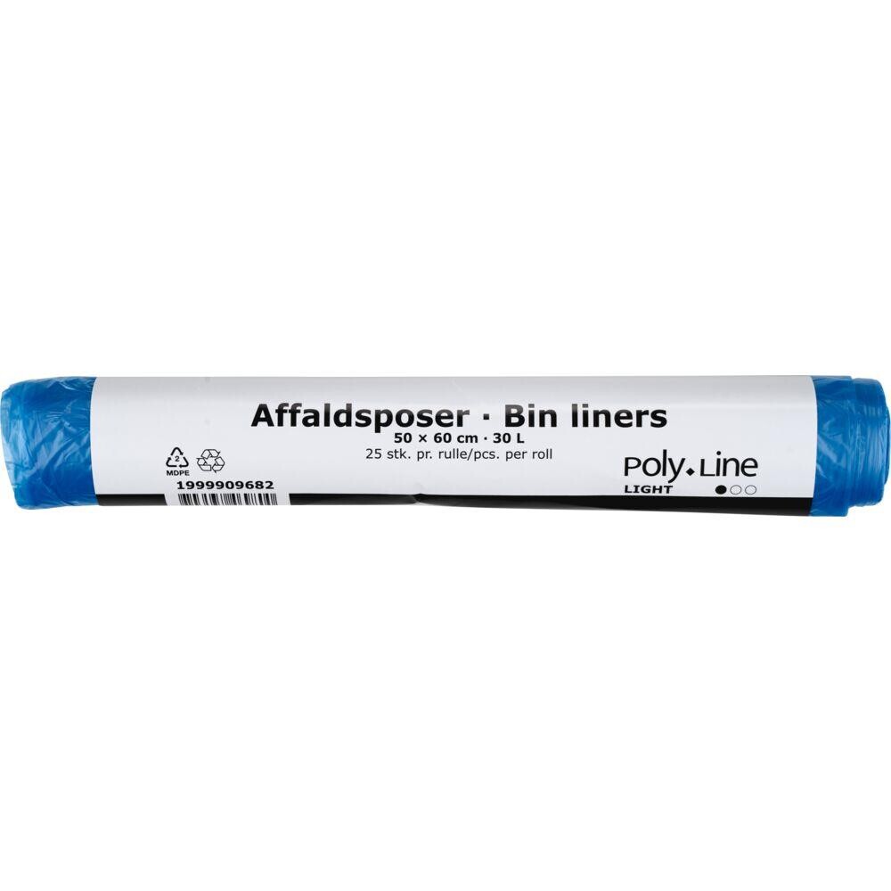 Affaldspose 30 L blå MDPE virgin 50x60cm 25 stk pr rulle - 24 ruller