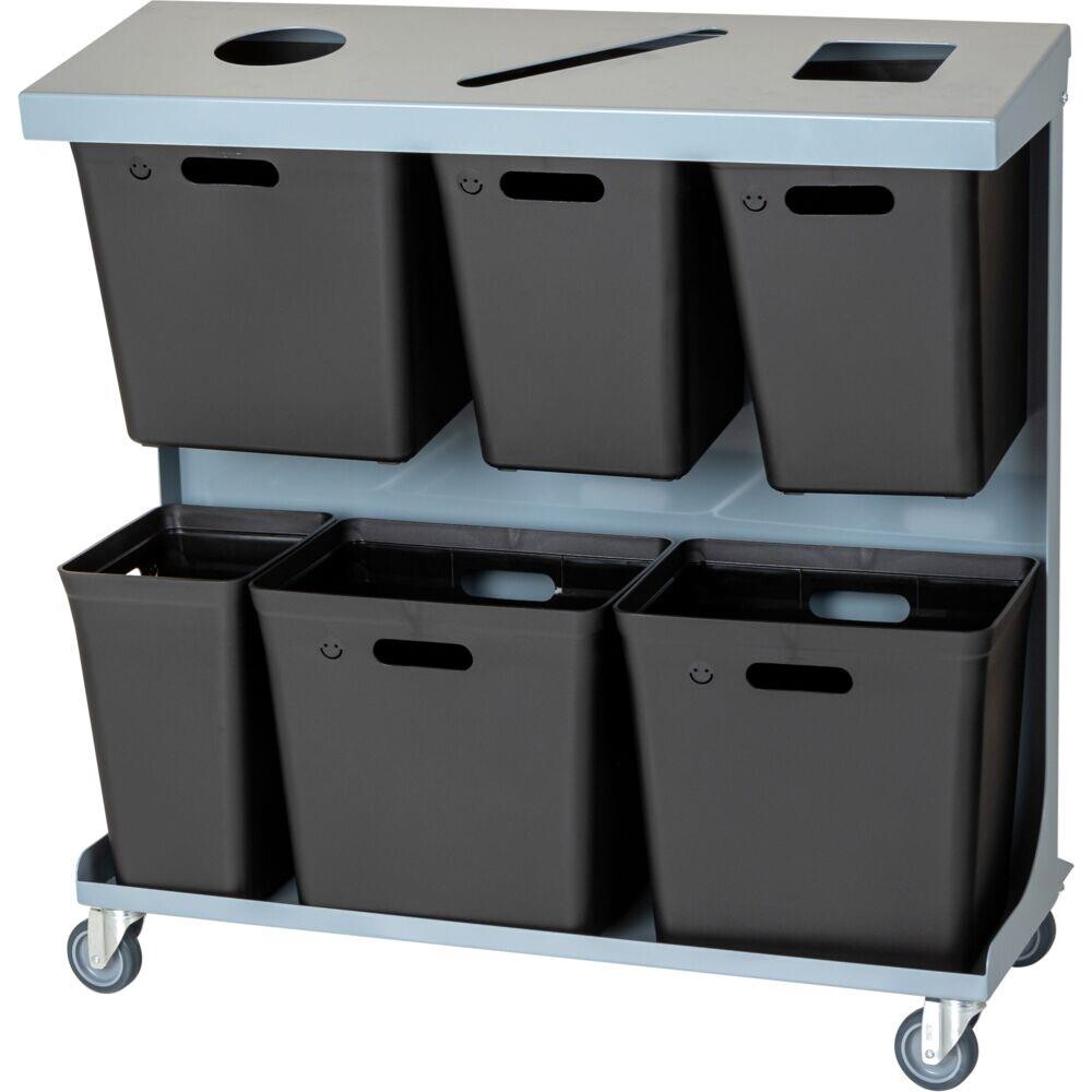 Affaldsvogn, Tina Trolleys, grå, pulverlakeret stål, 6-rums, 3x20 l, 2x15 l, 1x10 l