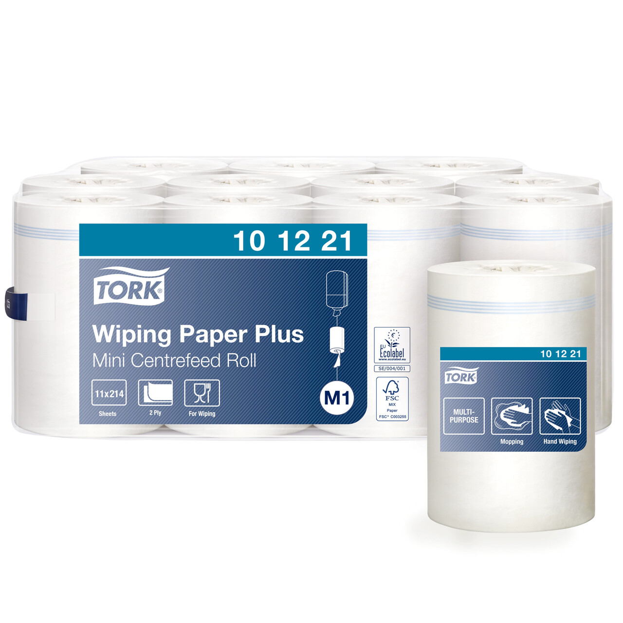 Aftørringspapir Tork 101221 Plus M1 Mini 2-lag hvid 75 meter - 11 ruller